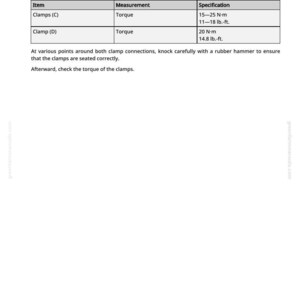 May include: A page from a manual detailing diesel particulate filter installation. It includes instructions for cleaning seals, ensuring a tension-free fit of clamps, and tightening with specific torque measurements in N-m and lb.-ft.