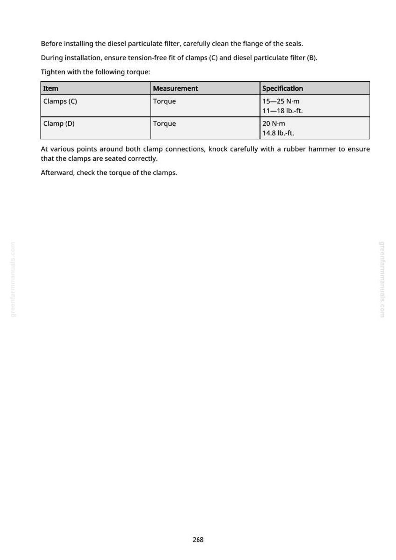 May include: A page from a manual detailing diesel particulate filter installation. It includes instructions for cleaning seals, ensuring a tension-free fit of clamps, and tightening with specific torque measurements in N-m and lb.-ft.