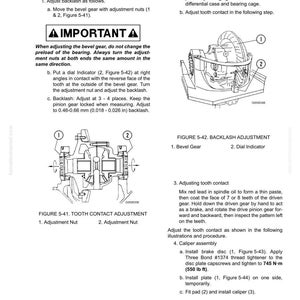 May include: Technical diagram from a manual detailing adjustments for a rear axle and final drive assembly. The image includes diagrams of bevel gears, adjustment nuts, and instructions for tooth contact and backlash adjustments. Text includes measurements in inches and pounds.