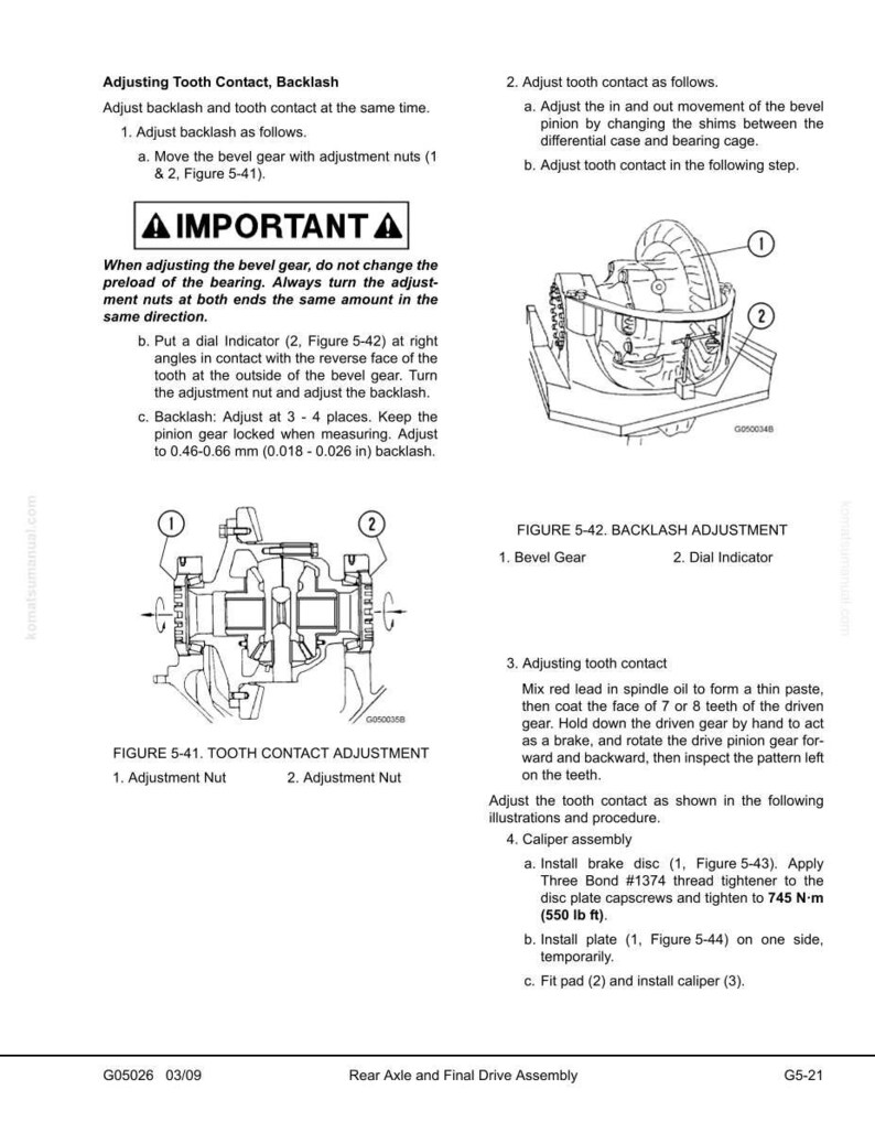 May include: Technical diagram from a manual detailing adjustments for a rear axle and final drive assembly. The image includes diagrams of bevel gears, adjustment nuts, and instructions for tooth contact and backlash adjustments. Text includes measurements in inches and pounds.