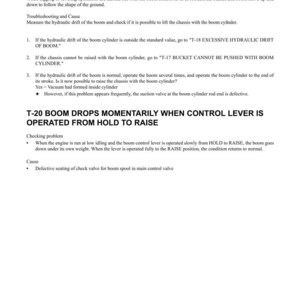 Pode incluir: Uma p&aacute;gina branca com instru&ccedil;&otilde;es de solu&ccedil;&atilde;o de problemas para uma m&aacute;quina. O texto inclui t&iacute;tulos como "T-19 BOOM SHAKES DURING OPERATION" e "T-20 BOOM DROPS MOMENTARILY WHEN CONTROL LEVER IS OPERATED FROM HOLD TO RAISE."