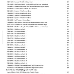 May include: A printed page detailing diagnostic trouble codes for a vehicle's engine control unit (ECU) and central control unit (CCU). The codes are numbered, with descriptions of various failures and errors.