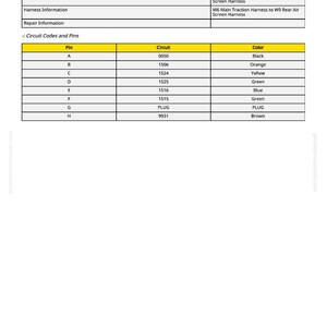 Pu&ograve; includere: Un diagramma dettagliato delle informazioni sui componenti con intestazioni gialle e testo bianco. Elenca il numero di pin, i punti di connessione, le informazioni sul cablaggio e i codici dei circuiti con i colori corrispondenti. Il diagramma include i pin da A a H e i relativi circuiti e colori.