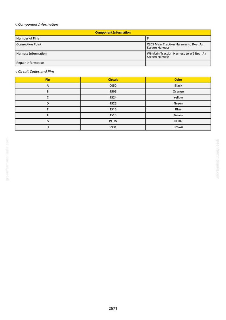 Pu&ograve; includere: Un diagramma dettagliato delle informazioni sui componenti con intestazioni gialle e testo bianco. Elenca il numero di pin, i punti di connessione, le informazioni sul cablaggio e i codici dei circuiti con i colori corrispondenti. Il diagramma include i pin da A a H e i relativi circuiti e colori.