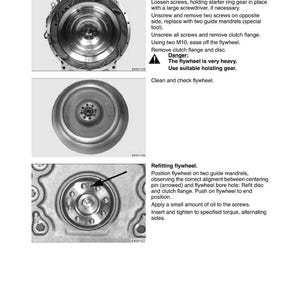 May include: Diagram of engine repair instructions for removing and refitting a flywheel. Includes images of the flywheel and instructions for loosening screws, removing the clutch flange, and refitting the flywheel.