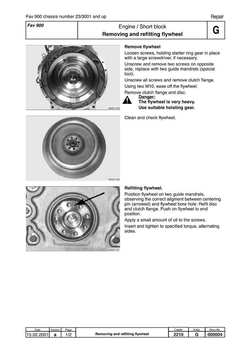 May include: Diagram of engine repair instructions for removing and refitting a flywheel. Includes images of the flywheel and instructions for loosening screws, removing the clutch flange, and refitting the flywheel.