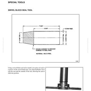 May include: Diagram of a hydraulic oil swivel block - 4 way, with dimensions in inches. The diagram includes a swivel block seal tool, with a round corner to prevent damage to the seal ring. The material is mild steel.