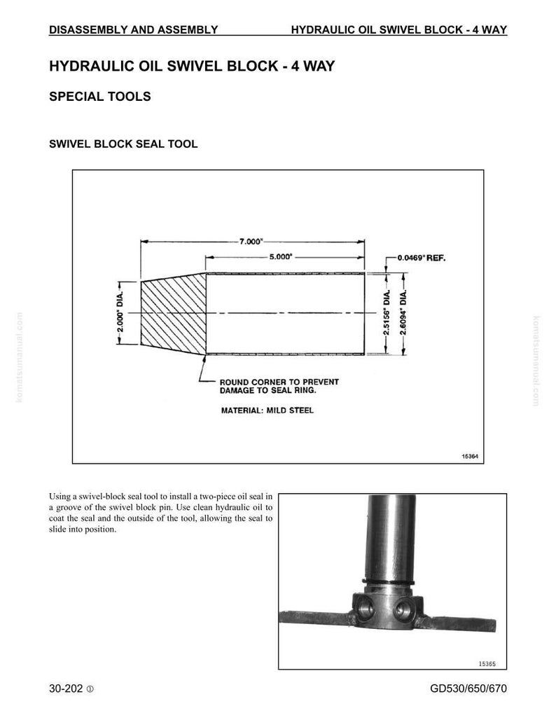 May include: Diagram of a hydraulic oil swivel block - 4 way, with dimensions in inches. The diagram includes a swivel block seal tool, with a round corner to prevent damage to the seal ring. The material is mild steel.