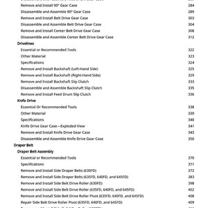 Op de afbeelding: Een gedetailleerde lijst met mechanische procedures, waaronder "Remove and Install Main Drive Gear Case" en "Disassemble and Assemble Center Belt Drive Gear Case". Het document bevat ook specificaties en gereedschapsaanbevelingen.