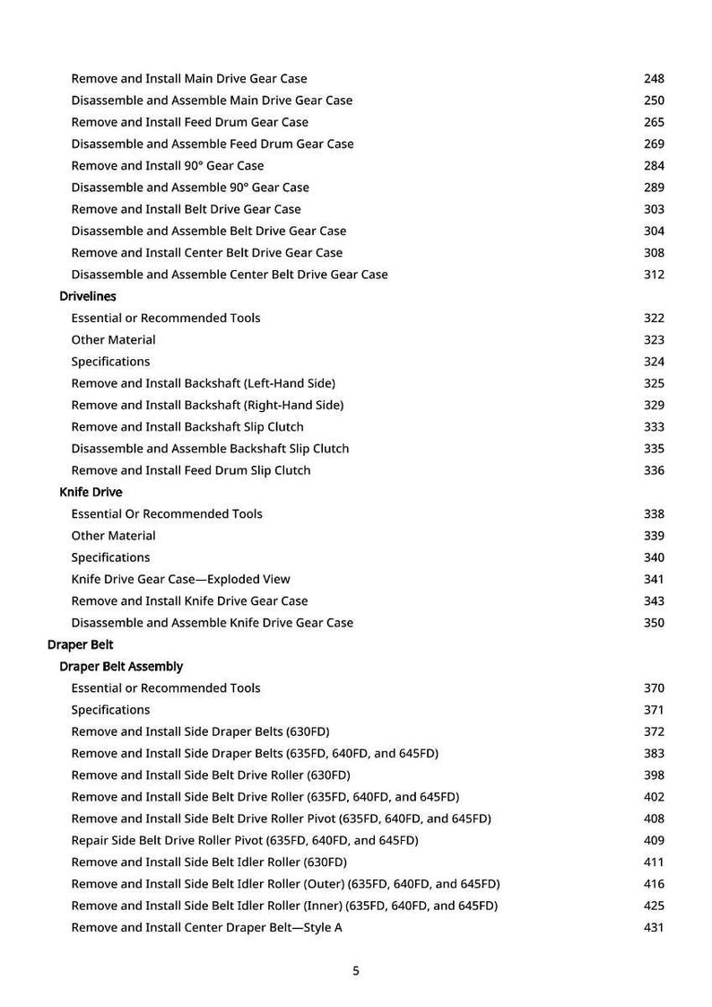 Op de afbeelding: Een gedetailleerde lijst met mechanische procedures, waaronder "Remove and Install Main Drive Gear Case" en "Disassemble and Assemble Center Belt Drive Gear Case". Het document bevat ook specificaties en gereedschapsaanbevelingen.
