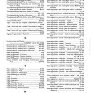 May include: An index page from a manual, featuring a table of contents with various troubleshooting procedures, valve adjustments, and work equipment details. The text includes page numbers and specific component names.