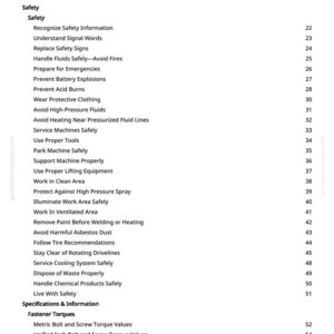 May include: A white page with a black Table of Contents. The list includes safety topics like "Prevent Battery Explosions" and "Avoid High-Pressure Fluids". Page numbers are on the right.