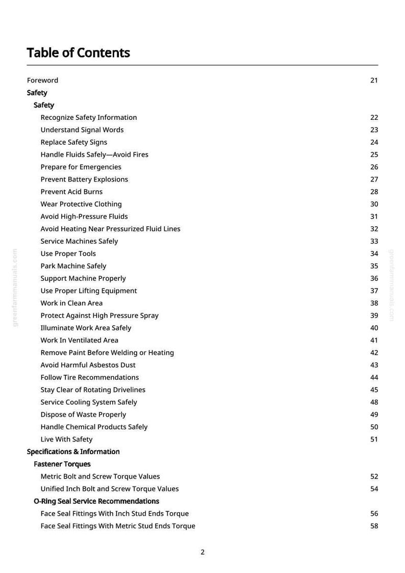 May include: A white page with a black Table of Contents. The list includes safety topics like "Prevent Battery Explosions" and "Avoid High-Pressure Fluids". Page numbers are on the right.