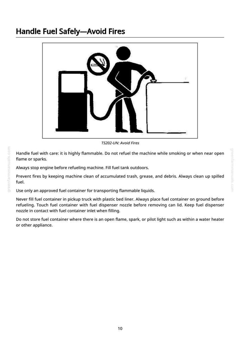May include: Black and white illustration with the text "Handle Fuel Safely - Avoid Fires." The image depicts a person refueling a container, with a no-smoking symbol. Safety instructions are also included.