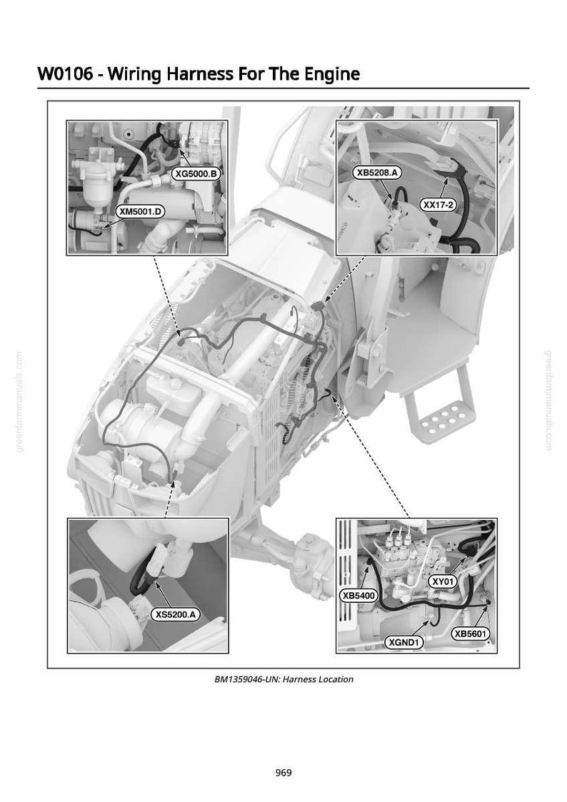 Puede incluir: Diagrama del arn&eacute;s de cableado para un motor, etiquetado W0106. La imagen incluye primeros planos detallados de componentes como XG5000.B, XM5001.D y XB5208.A, con cables de conexi&oacute;n. El diagrama es en blanco y negro.