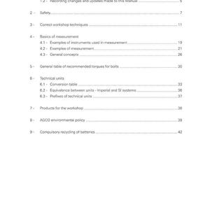 May include: A white workshop manual for MF 500 Series Tractors. The manual's table of contents includes sections on safety, measurement basics, technical units, and workshop products. The manual also covers AGCO environmental policy and battery recycling.