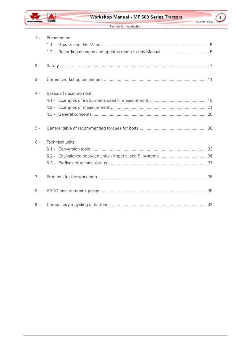May include: A white workshop manual for MF 500 Series Tractors. The manual's table of contents includes sections on safety, measurement basics, technical units, and workshop products. The manual also covers AGCO environmental policy and battery recycling.