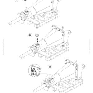 K&ouml;nnte beinhalten: Technische Zeichnung eines Hydraulikhammers, die verschiedene Montage- und Wartungsschritte zeigt. Das Bild enth&auml;lt detaillierte Illustrationen der Komponenten, einschlie&szlig;lich des Hauptk&ouml;rpers, des Mei&szlig;els und der Montagehalterung. Die Zeichnung ist mit Nummern und Pfeilen versehen.