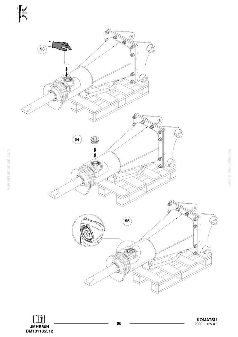 K&ouml;nnte beinhalten: Technische Zeichnung eines Hydraulikhammers, die verschiedene Montage- und Wartungsschritte zeigt. Das Bild enth&auml;lt detaillierte Illustrationen der Komponenten, einschlie&szlig;lich des Hauptk&ouml;rpers, des Mei&szlig;els und der Montagehalterung. Die Zeichnung ist mit Nummern und Pfeilen versehen.