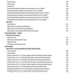 May include: A detailed table of contents from a manual, listing procedures for a baler machine. Sections include axle specifications, gate latch adjustments, lubrication, and pickup repair. Measurements are in feet and inches.