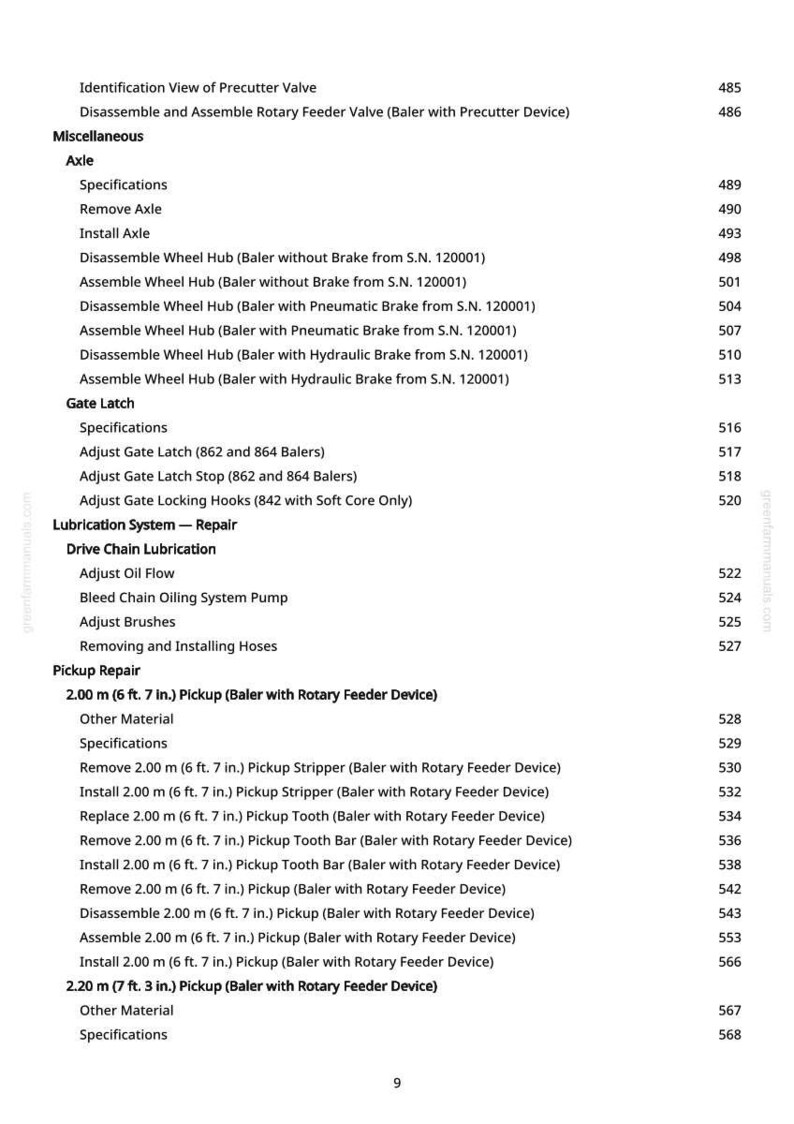 May include: A detailed table of contents from a manual, listing procedures for a baler machine. Sections include axle specifications, gate latch adjustments, lubrication, and pickup repair. Measurements are in feet and inches.