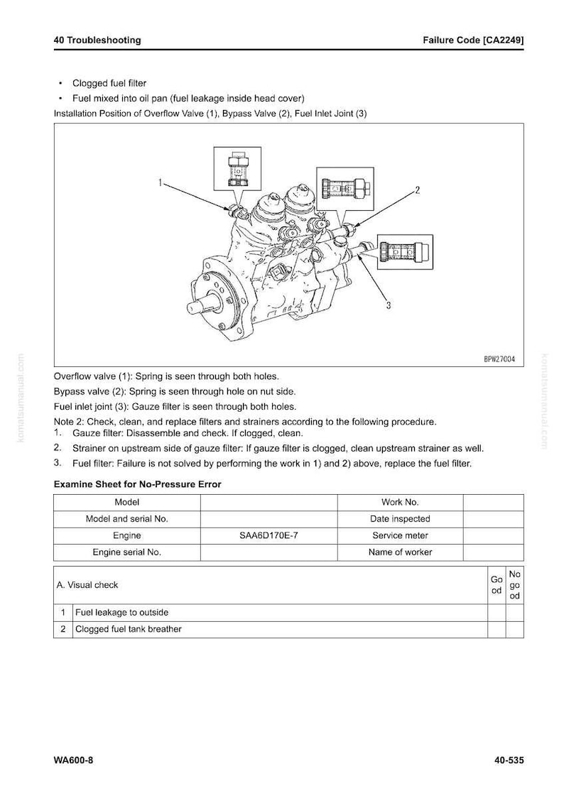 May include: Diagram of a mechanical component with labels and instructions for troubleshooting fuel system issues. Includes text about clogged fuel filters and fuel leakage. The document is a troubleshooting guide.