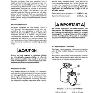 May include: Diagram of R-134a refrigerant containers, including a 30 lb. and a 60 lb. cylinder. The containers are painted light blue. Text provides information on refrigerant types and charging procedures.