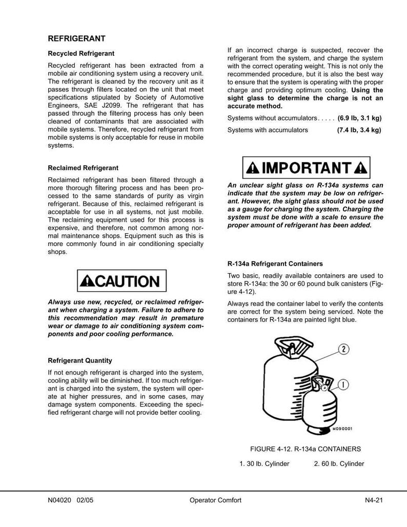 May include: Diagram of R-134a refrigerant containers, including a 30 lb. and a 60 lb. cylinder. The containers are painted light blue. Text provides information on refrigerant types and charging procedures.