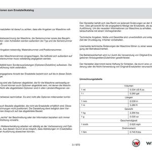 May include: A white document with German text, including a conversion table with measurements like inches, gallons, and pounds. The Weidemann logo is at the bottom. The document is a parts catalogue.