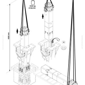 May include: Diagram of heavy machinery components suspended by cables. The image includes a warning symbol, weight specifications (2340 kg / 5158.8 lb), and a height measurement of 4350 mm. The diagram also includes the text "KOMATSU 2022 - rev 06" and "JMHB670V-1 BM101029534".