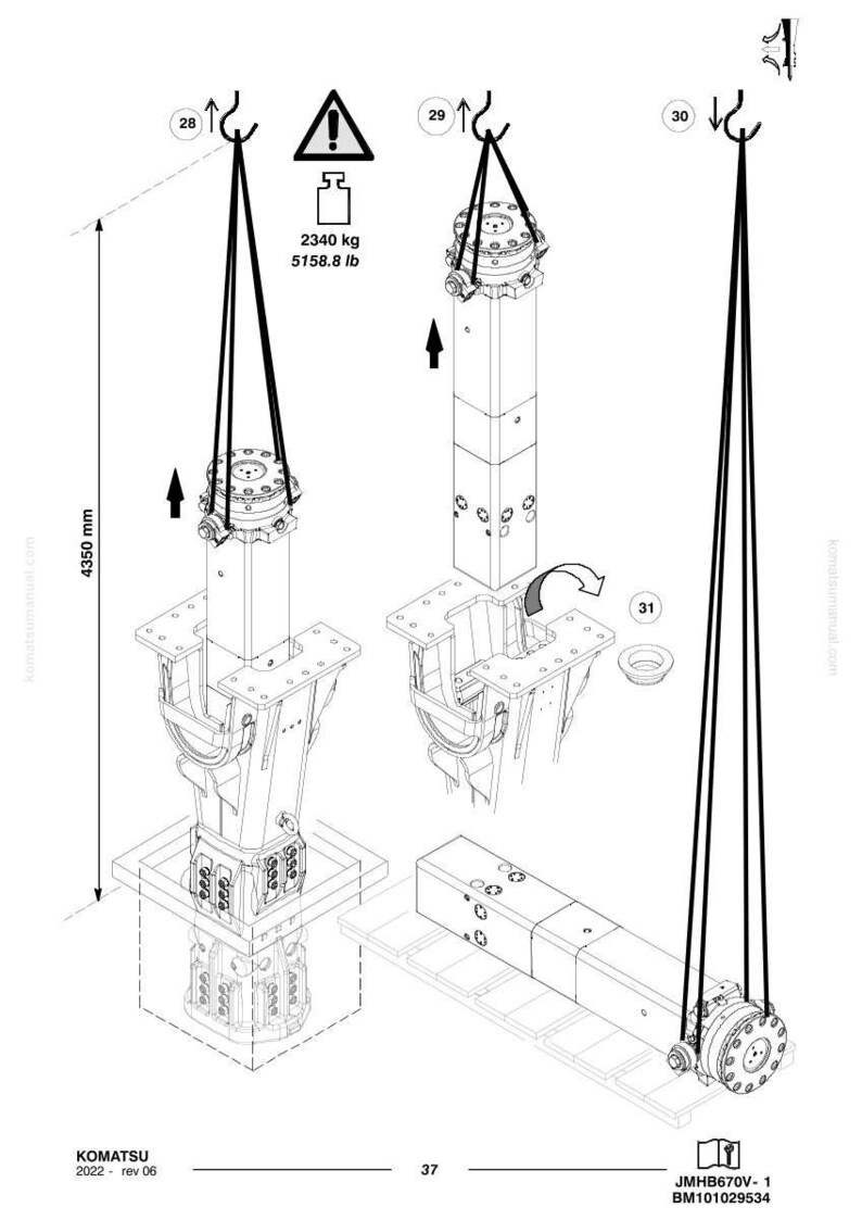 May include: Diagram of heavy machinery components suspended by cables. The image includes a warning symbol, weight specifications (2340 kg / 5158.8 lb), and a height measurement of 4350 mm. The diagram also includes the text "KOMATSU 2022 - rev 06" and "JMHB670V-1 BM101029534".