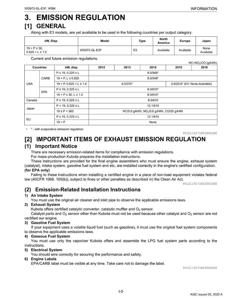 May include: A detailed technical document titled "Emission Regulation" with tables and text. The document outlines emission standards for various countries, including the USA, Canada, and Japan, and provides installation instructions for engine components.