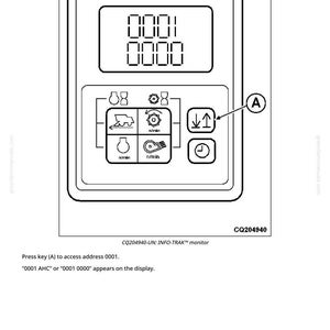 Puede incluir: Un diagrama en blanco y negro de un panel de control con una pantalla digital que muestra "0001 0000". El panel incluye varios iconos y el texto "CQ204940-UN: INFO-TRAK&trade; monitor".