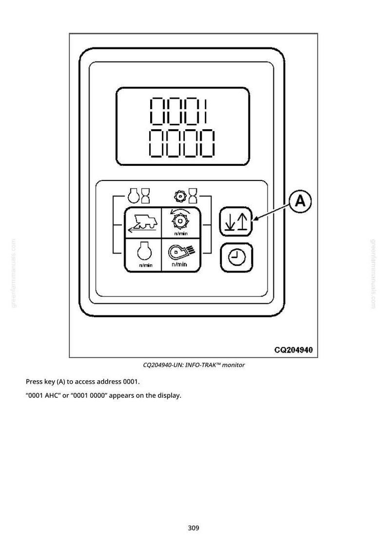 Puede incluir: Un diagrama en blanco y negro de un panel de control con una pantalla digital que muestra "0001 0000". El panel incluye varios iconos y el texto "CQ204940-UN: INFO-TRAK&trade; monitor".