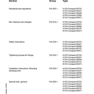 May include: A white service manual page titled "SUBGROUP - INDEX" with a table listing sections, groups, and types. Sections include "Standards and regulations" and "New features and changes". The Liebherr logo is at the bottom.