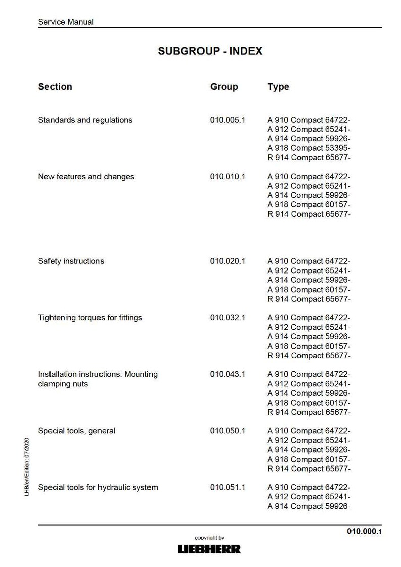 May include: A white service manual page titled "SUBGROUP - INDEX" with a table listing sections, groups, and types. Sections include "Standards and regulations" and "New features and changes". The Liebherr logo is at the bottom.