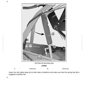 May include: Diagram showing the procedure for removing and installing a knife assembly. The image features a detailed view of the machinery with labels and arrows indicating specific parts, including a "John Deere" logo and the text "ZX377942".