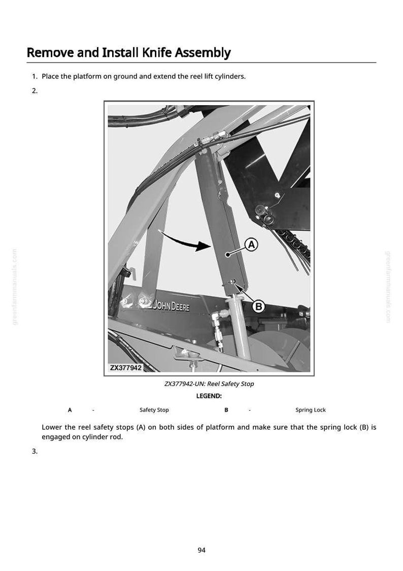 May include: Diagram showing the procedure for removing and installing a knife assembly. The image features a detailed view of the machinery with labels and arrows indicating specific parts, including a "John Deere" logo and the text "ZX377942".