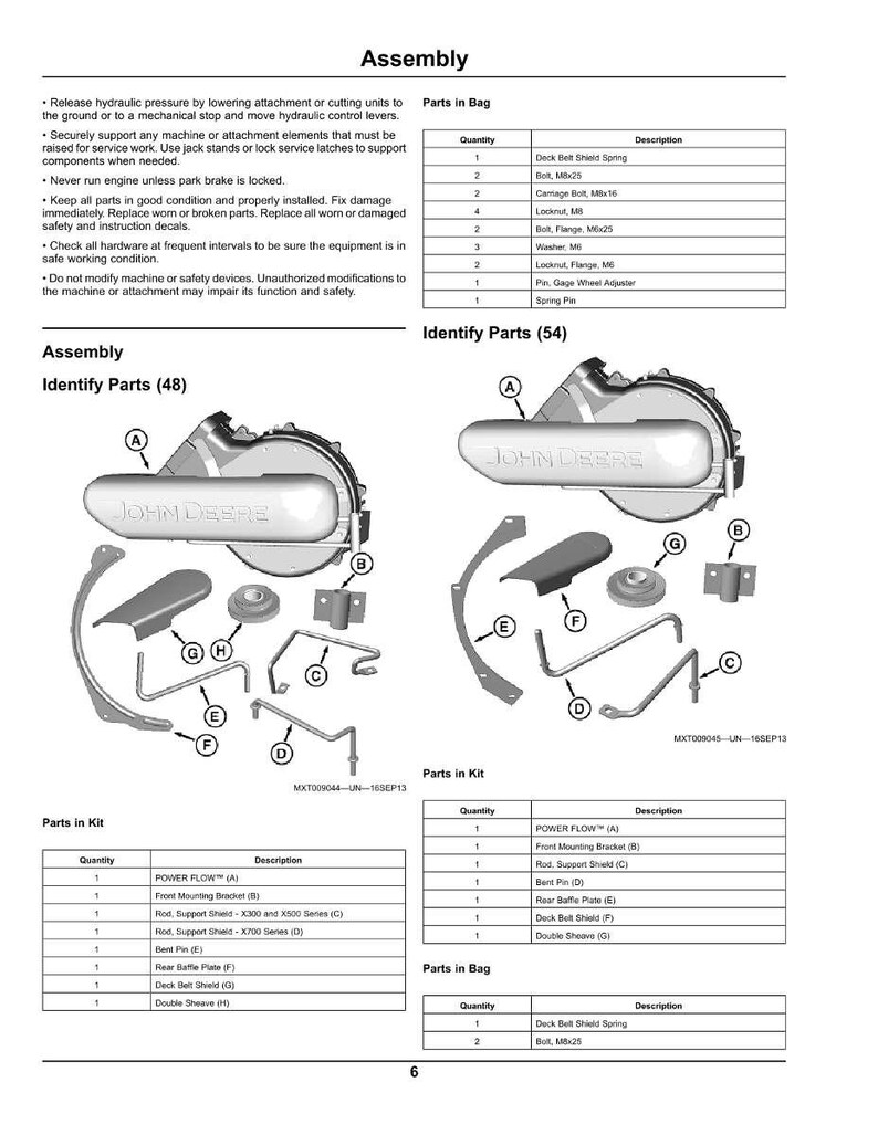 Puede incluir: Diagrama de montaje de John Deere, con listas de piezas y vistas explosionadas. Incluye piezas en bolsa y piezas en kit, con descripciones y cantidades. El texto incluye instrucciones de seguridad e identificaci&oacute;n de piezas.