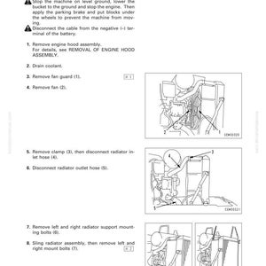 Puede incluir: Diagrama de instrucciones para la extracci&oacute;n del radiador. El texto detalla los pasos, incluyendo el drenaje del refrigerante y la extracci&oacute;n del protector del ventilador y del ventilador. La imagen proporciona ilustraciones detalladas.