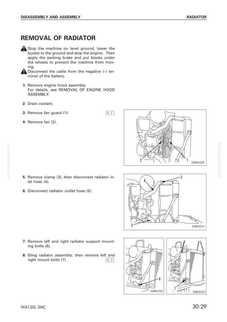 Puede incluir: Diagrama de instrucciones para la extracci&oacute;n del radiador. El texto detalla los pasos, incluyendo el drenaje del refrigerante y la extracci&oacute;n del protector del ventilador y del ventilador. La imagen proporciona ilustraciones detalladas.