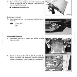 Pu&ograve; includere: Diagramma del processo di rimozione del gruppo valvola di controllo. Include immagini del braccio, dello scarico dell'olio idraulico e dei componenti. Istruzioni testuali dettagliate per ogni fase.