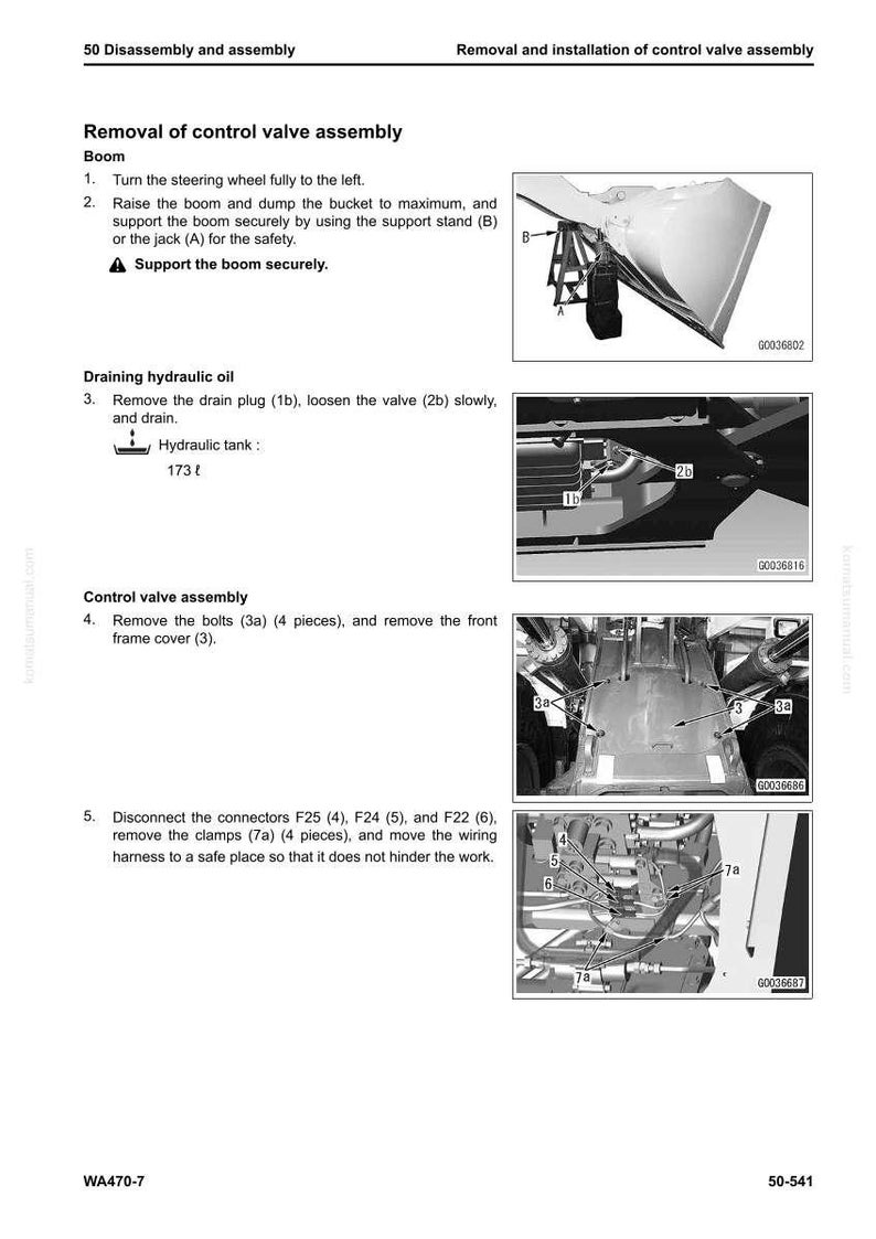Pu&ograve; includere: Diagramma del processo di rimozione del gruppo valvola di controllo. Include immagini del braccio, dello scarico dell'olio idraulico e dei componenti. Istruzioni testuali dettagliate per ogni fase.