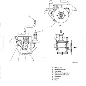 Op de afbeelding: Technische tekening van een bereiktransmissie, met onderdelen zoals de schakelhendel, de uitgaande asafdekking en de aftapplug. De tekening is gelabeld met "RANGE TRANSMISSION" en toont verschillende aanzichten.