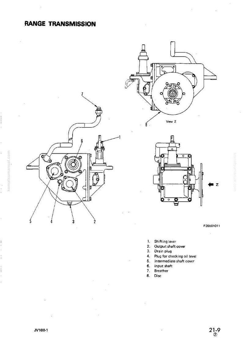 Op de afbeelding: Technische tekening van een bereiktransmissie, met onderdelen zoals de schakelhendel, de uitgaande asafdekking en de aftapplug. De tekening is gelabeld met "RANGE TRANSMISSION" en toont verschillende aanzichten.