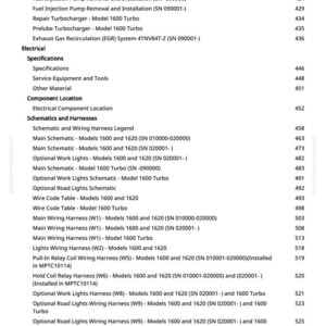 May include: A detailed table of contents from a manual, listing various automotive repair and maintenance procedures. The text includes topics like fuel injection, turbocharger repair, and electrical system schematics.