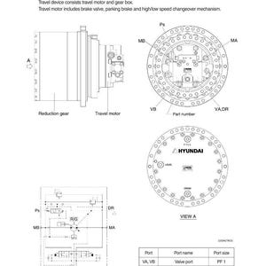 Op de afbeelding: Technisch diagram van een reisapparaat, met een reductietandwiel, reismotor en hydraulisch circuit. Het diagram bevat labels voor componenten en poorten, met een "HYUNDAI"-logo.