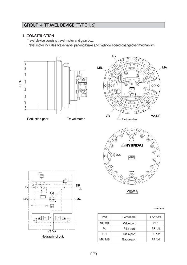 Op de afbeelding: Technisch diagram van een reisapparaat, met een reductietandwiel, reismotor en hydraulisch circuit. Het diagram bevat labels voor componenten en poorten, met een "HYUNDAI"-logo.
