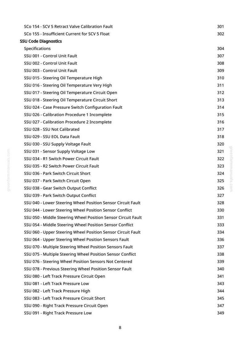 May include: A page from a manual detailing SSU Code Diagnostics. The text lists various faults, including control unit faults, steering oil temperature issues, and sensor problems. The document includes page numbers.