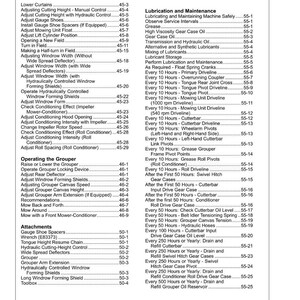May include: A detailed table of contents and maintenance schedule from a manual, with headings like "Lubrication and Maintenance" and "Operating the Grouper." The pages are filled with text, providing instructions and specifications for machinery.